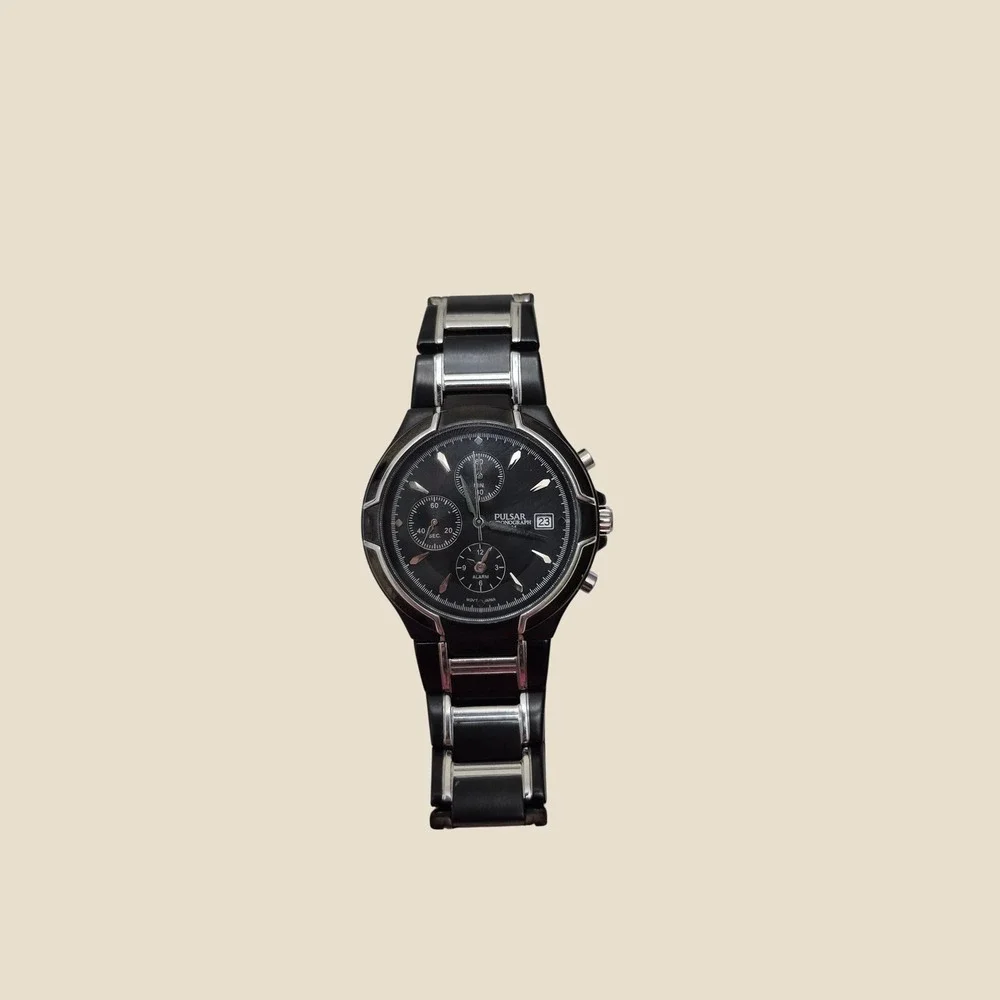 Pulsar Chronograph Watch Mens OS Black Silver PF3547 Alarm Date Money Sport